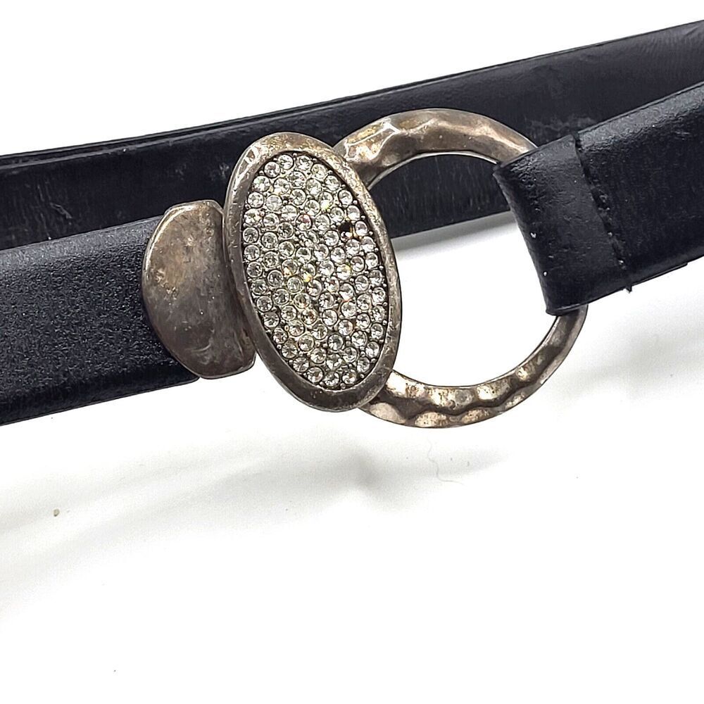 Chico's Women's Black Genuine Leather Rhinestone Oval Shape Buckle Belt S 22-37"